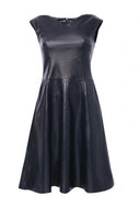 Black color sleeveless midi length dress with V-neckline, featuring a fitted silhouette and an invisible zipper at the back. The dress is made of sheep leather.