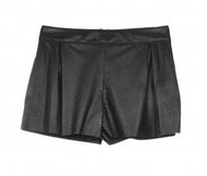 A pair of black perforated leather shorts with a textured pattern, featuring a elastic waistband.