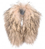 A natural beige raccoon fur collar with lining, displayed on a mannequin, designed to be worn on the shoulders.
