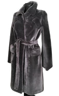 A grey sheepskin trench coat with fur hooks fastening and a tie, featuring a classical collar and front pockets.