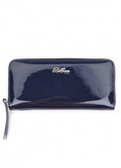 A dark blue patent leather wallet for women with multiple compartments and a zip fastening, branded with 'Colnaghi' on the front.