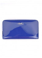 A blue patent leather wallet with a zipper closure, branded with 'Coseria' on the top.