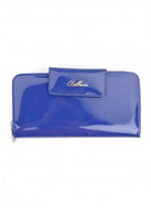 A blue patent leather women's wallet with multiple compartments and a zip fastening, featuring the brand name 'Cattura' embossed on the front.