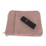 Pink textile laptop case and a black leather pen case
