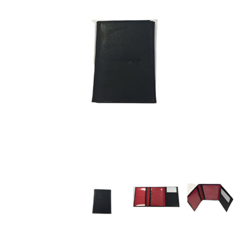 Black leather wallet on a white background with inset images showing different views.
