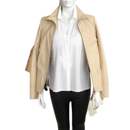 Beige leather jacket, zipping closure, front pockets, stand collar