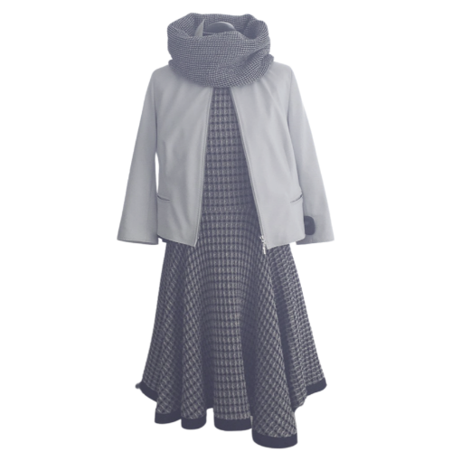 A white leather jacket with a round neckline, 3/4 sleeves, and zipper opening. It is displayed on a mannequin wearing a long checkered skirt.
