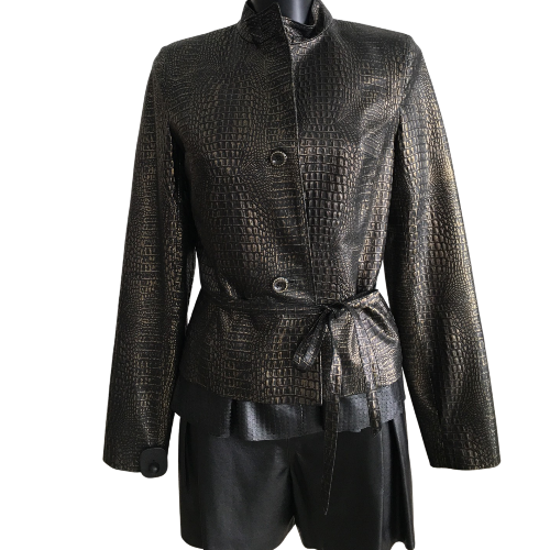 A black belted short leather jacket with a crocodile pattern and a golden finish, displayed on a mannequin.