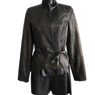 A black belted short leather jacket with a crocodile pattern and a golden finish, displayed on a mannequin.