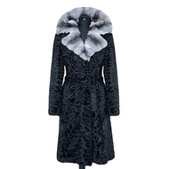 Black astrakhan fur knee-length coat with a chinchilla collar and a tie at the waist, displayed on a mannequin.