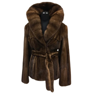 Brown mink jacket with a wide collar and belt, featuring fur hooks fastening, displayed on a mannequin.