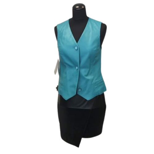 Turquoise color short length sheep leather vest on a mannequin, featuring a fitted silhouette with button opening front and half shank at the front with pockets.