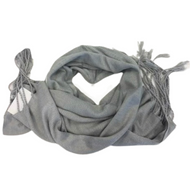 A gray unisex scarf made of viscose fabric with fringes and tassels.