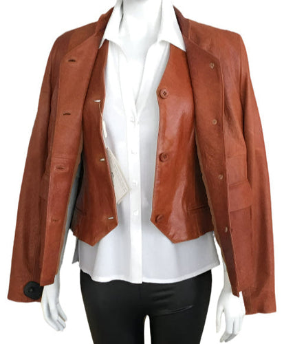 Brown leather jacket over a white shirt on a mannequin against a white background