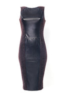 A black colour fitted silhouette leather and stretch textile dress with sleeveless design, round neckline, and a vent at the back. It features brown glowing wool on the sides.