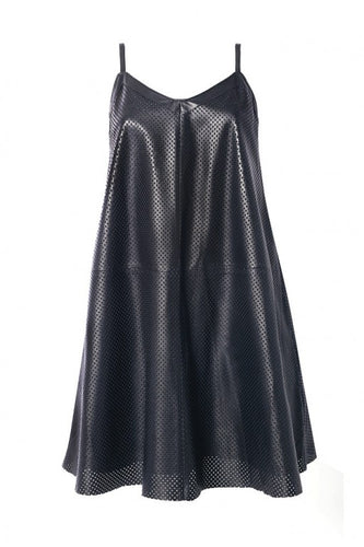 Black perforated leather midi dress on the strings, side pockets, flaired  skirt
