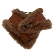 A brown sheepskin fur scarf with a fastening button, displayed on a white background.