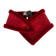 A red sheepskin fur scarf with button fastening laid out flat.