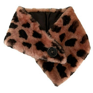 A sheepskin fur scarf with a collar and fastening button, primarily in black and brown colors.
