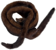 A brown mink scarf coiled and displayed on a flat surface.